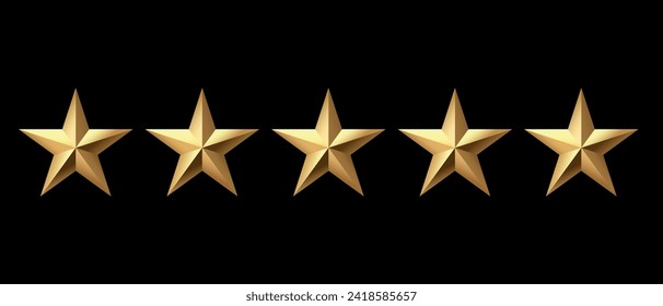 Five golden stars isolated on black background. Rating stars icon. Vector illustration. black background