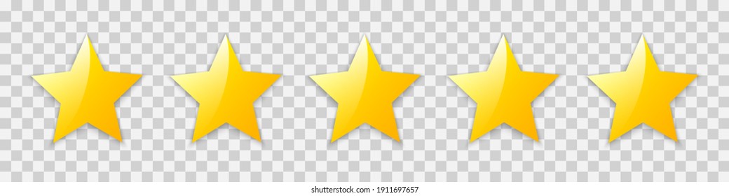 Five golden stars isolated, rating product review signs, customer reviews, quality shape. Customer feedback concept on a transparent background – stock vector