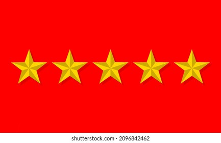 five golden stars over red background, vector rating or quality concept