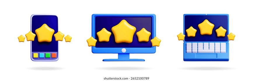 Five golden stars over smartphone, computer monitor, and laptop. Concept of quality rating, customer feedback, and online review system.