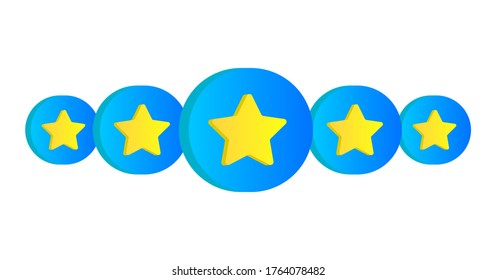 Five golden stars rating review in 3d style. Quality rank service symbol. Isolated on white background.