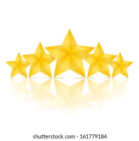 Five golden stars with reflection on white background, vector eps10 illustration