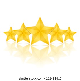 Five golden stars with reflection on white background, vector eps10 illustration