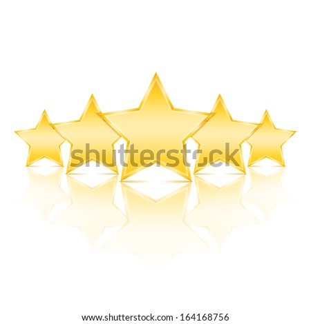 Five golden stars with reflection on white background, vector eps10 illustration