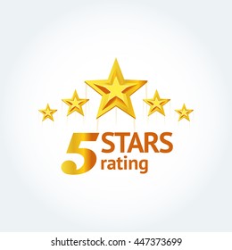 Five Golden stars with text "Five stars rating" logo template. Isolated Vector illustration