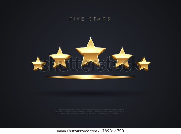 Five golden stars. Top quality\
concept illustration. Rating stars icon. 3d award stars.\
Vector.