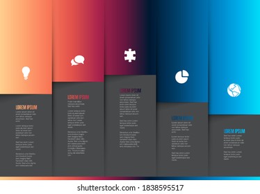 Five graph elements infographic template - each column element contains icon, title and description - dark gradient version