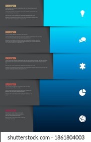 Five graph elements infographic template - each column element contains icon, title and description - dark gradient vertical version