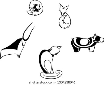 five graphic black animals
