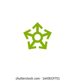 five green  arrows point out from the center . Expand Arrows icon. Outward Directions icon. Vector illustration. Isolated on white. 