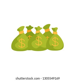 Five green bags with dollar signs full of money. Banking and financial theme. Flat vector design