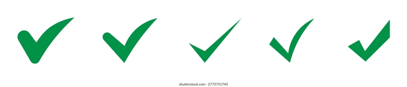 Five green checkmark icons in different styles isolated on white background