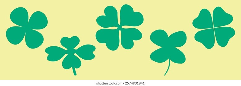 Five green clovers on a yellow background. Clovers vary in shape. Green clovers are a symbol of luck. Clovers are arranged in a row. Nature illustrations, vector set.