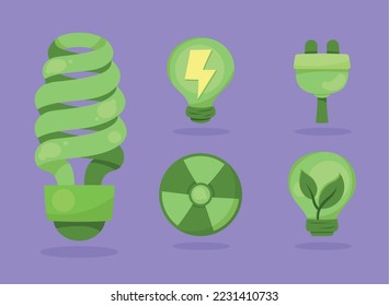 five green energy set icons