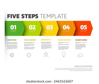 Five green to red steps progress procedure infochart template with descriptions icons titles and big numbers. Simple inographic describing some process with five steps