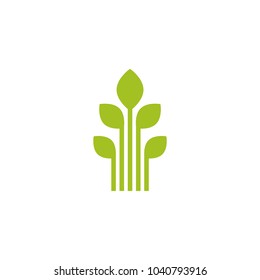 five Green sprouts, sprigs, raw with silhouette leaf. Icon Isolated on white. Logo for eco company, agriculture, nature firm, ecology, healthy organic and farm fresh food. Vector Illustration