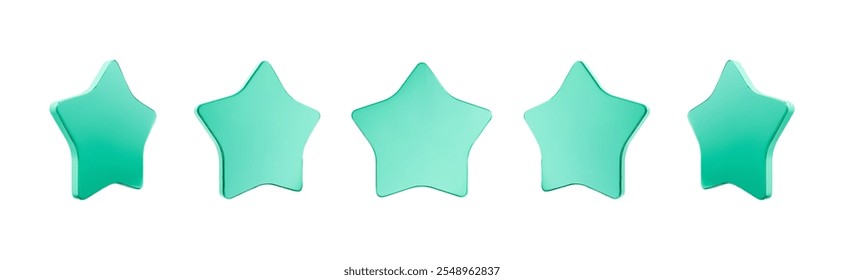 Five green star rating icons on white background for quality or feedback concept