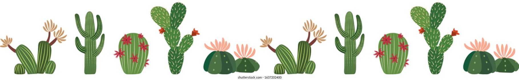 Five green vector cacti seamless repeat border.