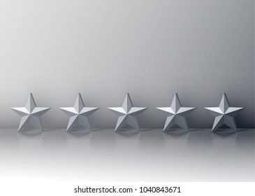 Five grey 3D star rating on grey background, vector illustration