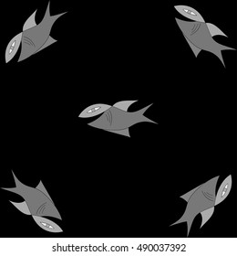 Five grey fish on a dark background.