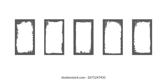 Five grunge distressed rectangle frame elements template with empty space. Box with brush texture design set for border, overlay, image photo. Vector scratch illustration
