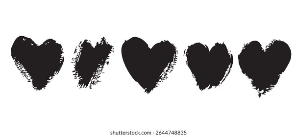 Five GrungeStyle Black Hearts in a Row.