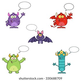 Five Halloween Cartoon Characters With Speech Bubbles. Vector Collection Set