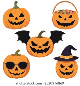 Five Halloween illustrations feature various pumpkin characters with carved faces, bat wings, sunglasses, and witch hats. Also included is a colorful candy basket.