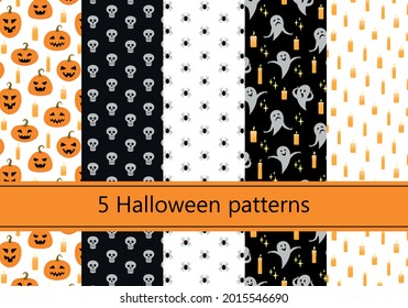 Five Halloween patterns. Endless texture for wallpaper, web page background, wrapping paper and etc.