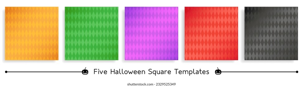 Five Halloween square templates, single rhombus patterns in traditional Halloween colors, group of vector square backgrounds.