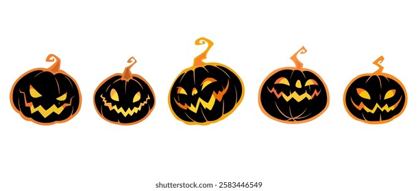 Five halloween stylized smiling pumpkins on white background