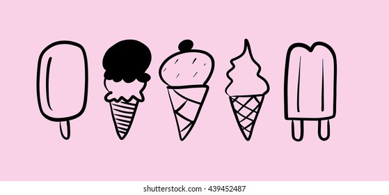 Five hand draw of ice cream and popsicle in pink background.