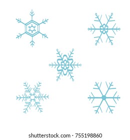 Five hand drawing style light blue color white background snowflakes set vector illustration