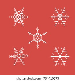 Five hand drawing style white color red background snowflakes set vector illustration