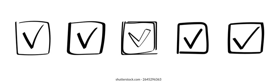 Five hand drawn checkbox icons feature a sketchy style with checkmarks in outlined square shapes.