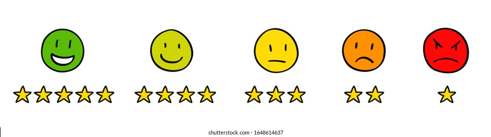 Cinco íconos dibujados a mano con estrellas producto de cliente o venta revisión de la escala de iconos planos coloridos para aplicaciones, ui y sitios web 