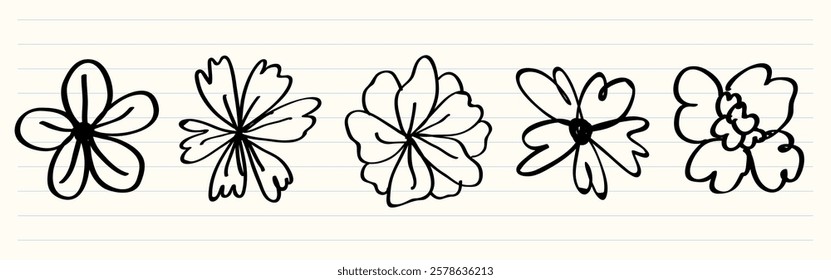 Five hand-drawn floral sketches on lined paper. Simple floral designs, black ink, floral patterns. Cute hand drawn floral elements, vector set.