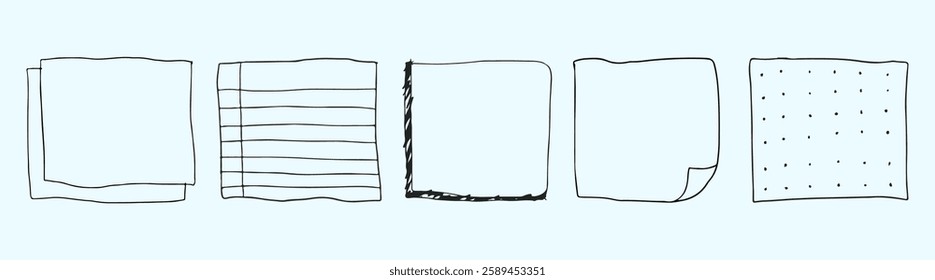 Five hand-drawn paper sheets, each with unique designs: plain, lined, scribbled, curled, and dotted. Simple, artistic paper sketches on a light background. Hand drawn illustrations, vector set.