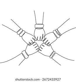 Cinco mãos juntas em uma forma de estrela linha contínua arte