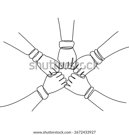 Five Hands Clenched Together in a Star Shape Continuous Line Art
