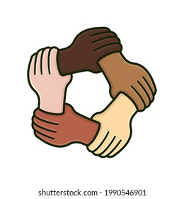 El 18 de octubre, cinco manos de diferentes colores de piel se sujetan mutuamente en la muñeca ilustración vectorial aislada para el Día de la Diversidad Multicultural