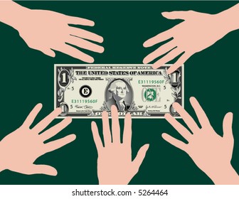 Five hands grab at a dollar bill
