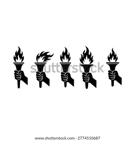 Five hands gripping torches with fire