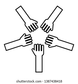 Five hands Group arms Many hands connecting Open palms People putting their hands together Stack hands concept unity icon outline black