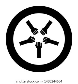 Five hands Group arms Many hands connecting Open palms People putting their hands together Stack hands concept unity icon in circle round black color