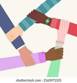 Five hands holding in circle. Concept of community, partnership, teamwork, unity of different people, racial equality. International and multicultural society and population. Vector illustration