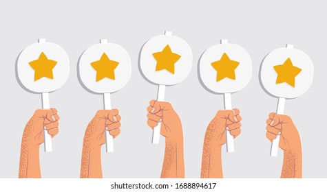Five hands holding tables with the stars. Five stars costumer rating or feedback concept. Isolated on gray background. Vector illustration.