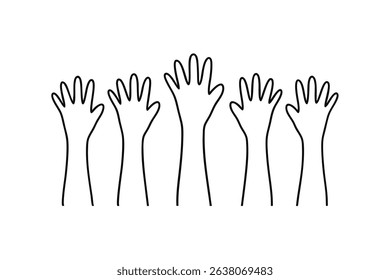 Five hands raised in line drawing illustration