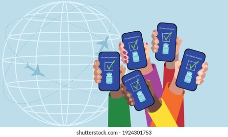 Five hands showing the vaccination passport in the smartphone. Vector illustration
