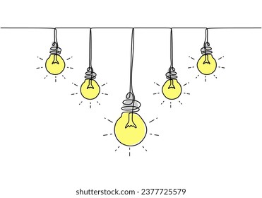 Five Hanging extinct yellow light bulbs with knot tangled cable and one glowing with straight cord. Concept of idea and choosing successful idea from many failed ones.